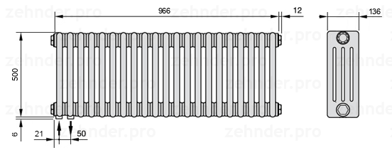 Схема (чертеж) Радиатор Zehnder Charleston 4050/21 №3370 Белый глянцевый RAL 9016